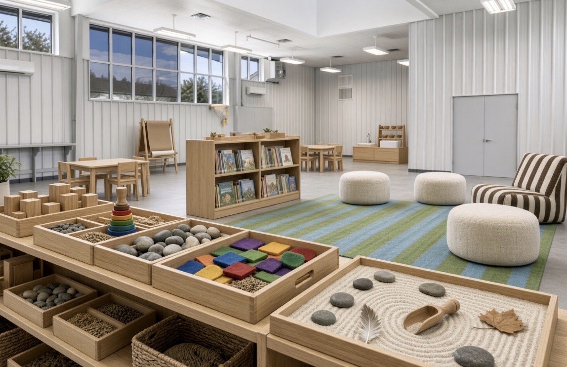 The Montessori classroom — wood shelving, sensory trays and a reading corner in the light-filled hall